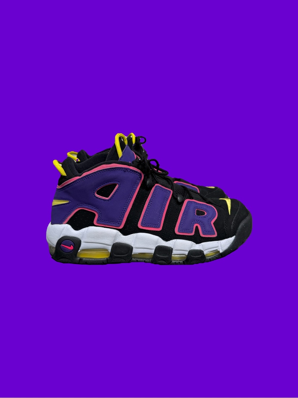 Nike Air Uptempo Black Purple Pink Sneakers with Yellow Accents